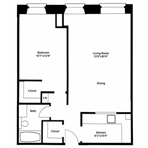 Floor plan for 1 bed, 1 bath, 783 sqft
